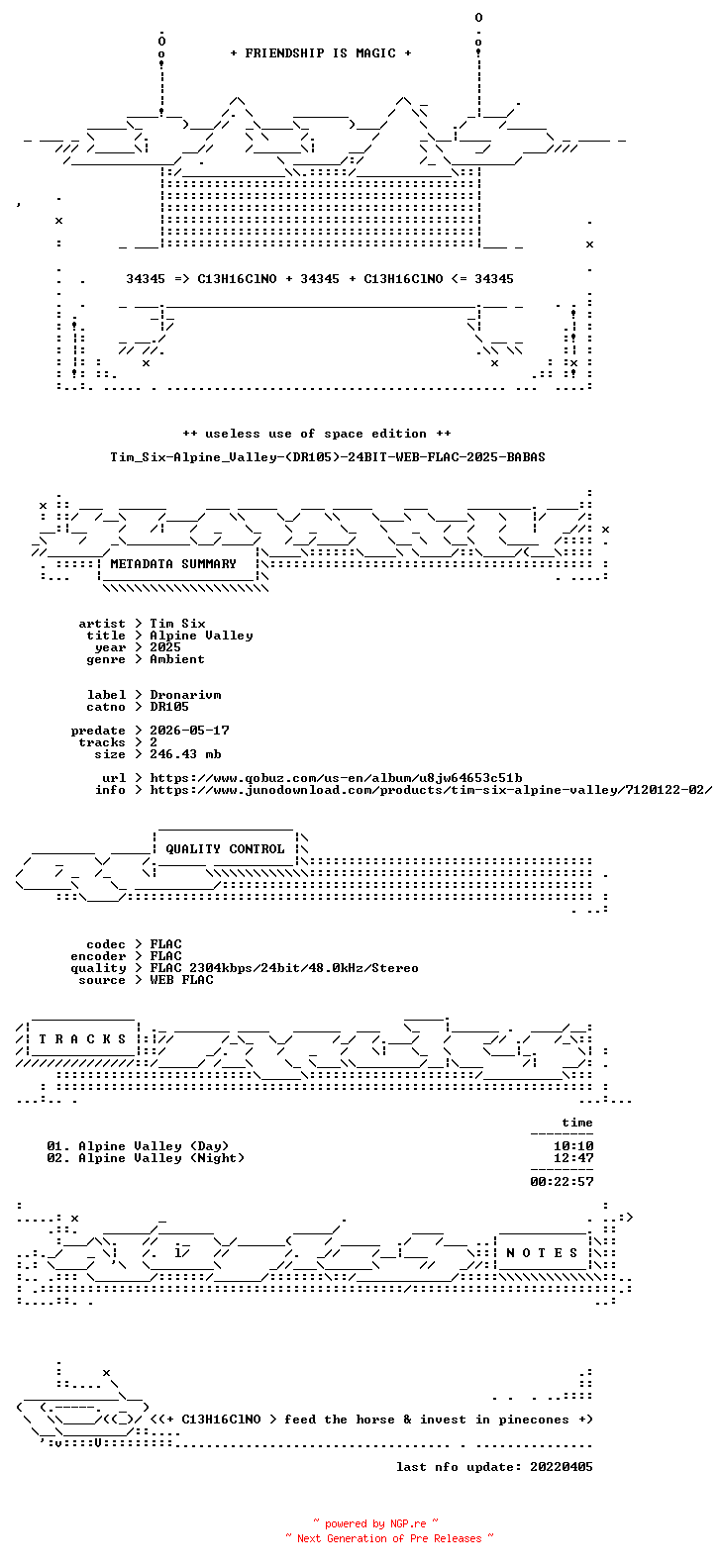 NFO for the release Tim_Six-Alpine_Valley-(DR105)-24BIT-WEB-FLAC-2025-BABAS by BABAS