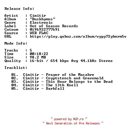 NFO for the release Cimitir-Duskhymns-16BIT-44KHZ-WEB-FLAC-2018-CBR by CBR