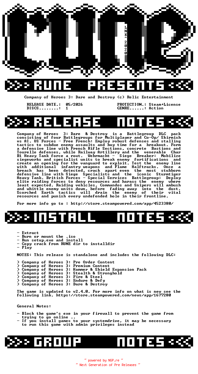 NFO for the release Company.of.Heroes.3.Dare.and.Destroy-RUNE by RUNE