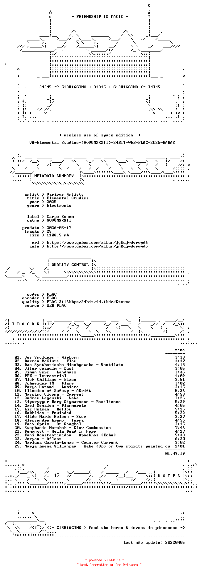 NFO for the release VA-Elemental_Studies-(NOVUMXXXII)-24BIT-WEB-FLAC-2025-BABAS by BABAS