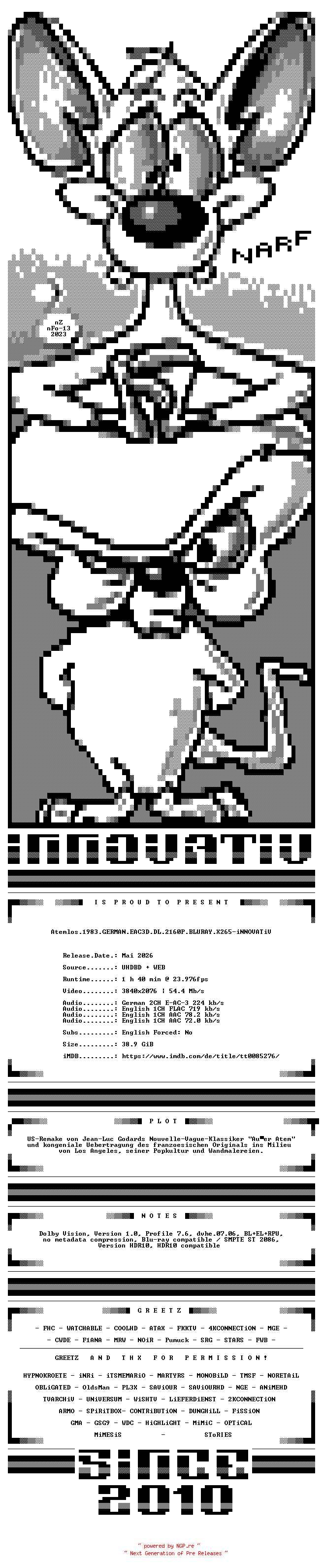 NFO for the release Atemlos.1983.GERMAN.EAC3D.DL.2160P.UHD.BLURAY.X265-iNNOVATiV by iNNOVATiV