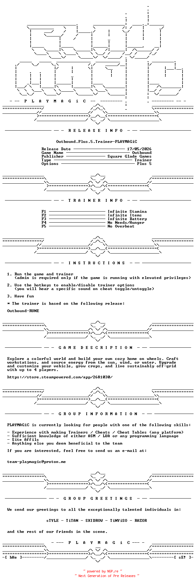 NFO for the release Outbound.Plus.5.Trainer-PLAYMAGiC by PLAYMAGiC