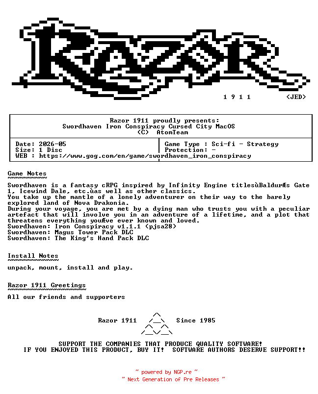 NFO for the release Swordhaven_Iron_Conspiracy_Cursed_City_MacOS-Razor1911 by Razor1911