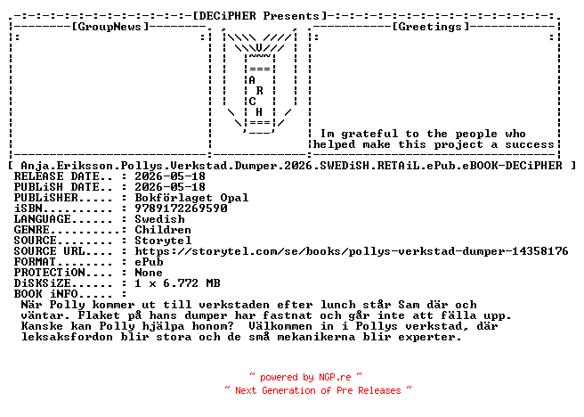 NFO for the release Anja.Eriksson.Pollys.Verkstad.Dumper.2026.SWEDiSH.RETAiL.ePub.eBOOK-DECiPHER by DECiPHER