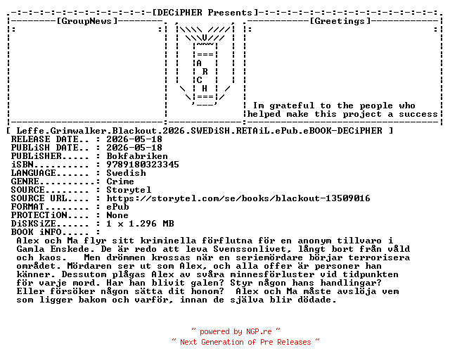 NFO for the release Leffe.Grimwalker.Blackout.2026.SWEDiSH.RETAiL.ePub.eBOOK-DECiPHER by DECiPHER