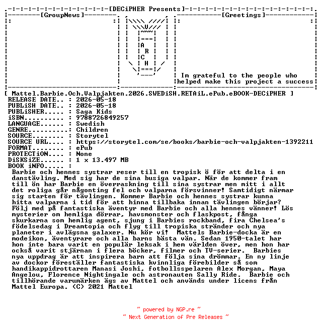 NFO for the release Mattel.Barbie.Och.Valpjakten.2026.SWEDiSH.RETAiL.ePub.eBOOK-DECiPHER by DECiPHER