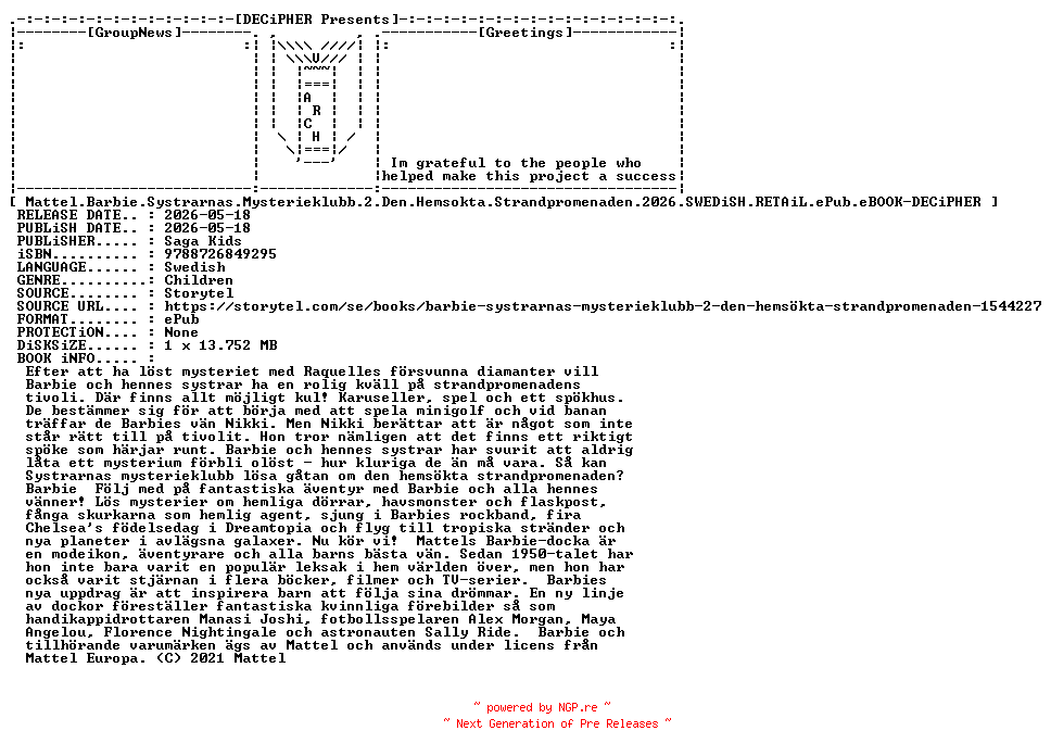 NFO for the release Mattel.Barbie.Systrarnas.Mysterieklubb.2.Den.Hemsokta.Strandpromenaden.2026.SWEDiSH.RETAiL.ePub.eBOOK-DECiPHER by DECiPHER