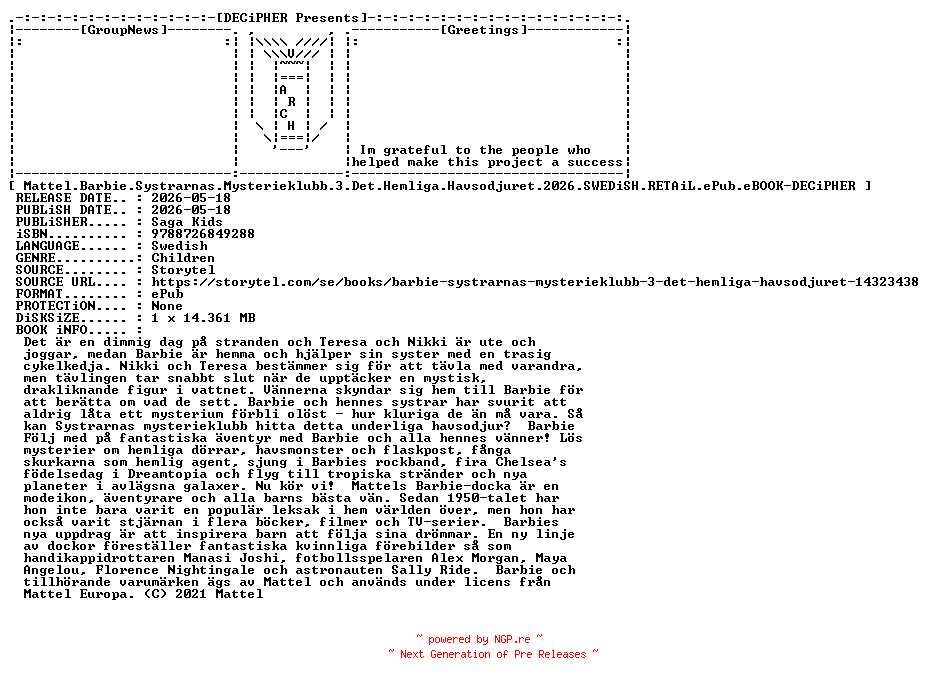 NFO for the release Mattel.Barbie.Systrarnas.Mysterieklubb.3.Det.Hemliga.Havsodjuret.2026.SWEDiSH.RETAiL.ePub.eBOOK-DECiPHER by DECiPHER