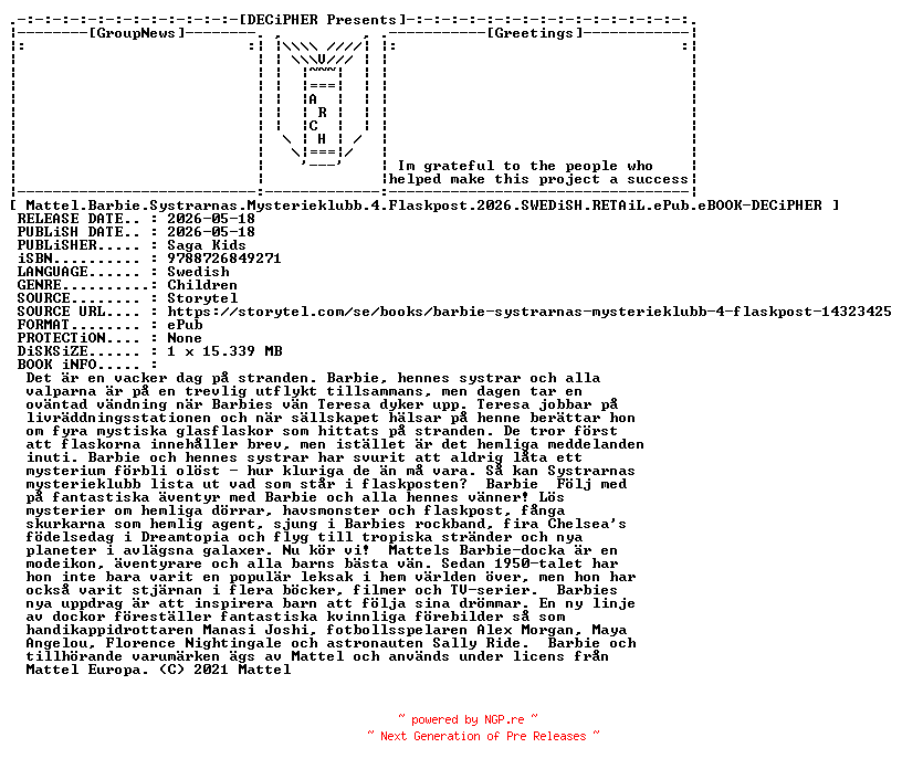 NFO for the release Mattel.Barbie.Systrarnas.Mysterieklubb.4.Flaskpost.2026.SWEDiSH.RETAiL.ePub.eBOOK-DECiPHER by DECiPHER