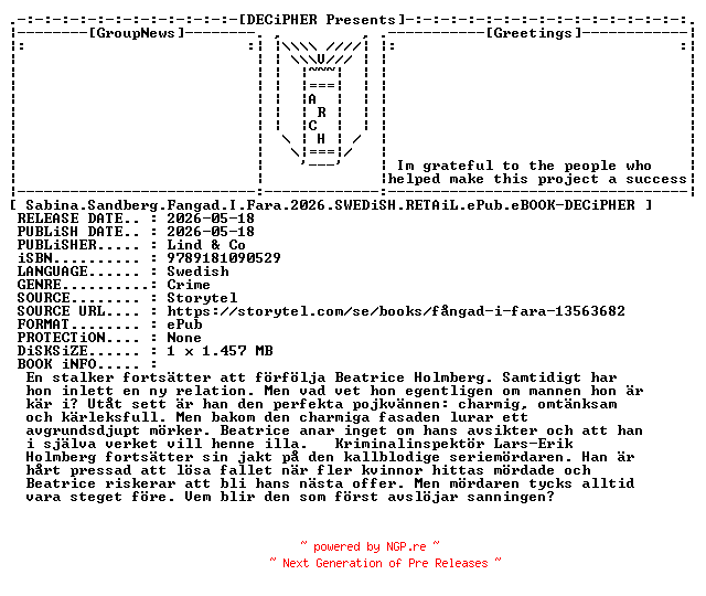 NFO for the release Sabina.Sandberg.Fangad.I.Fara.2026.SWEDiSH.RETAiL.ePub.eBOOK-DECiPHER by DECiPHER