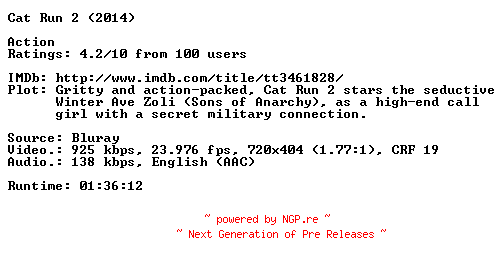 NFO for the release Cat.Run.2.2014.BDRip.x264-SkyNET by SkyNET