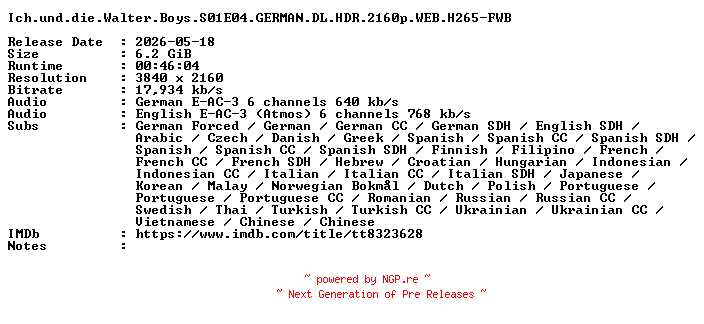 NFO for the release Ich.und.die.Walter.Boys.S01E04.GERMAN.DL.HDR.2160p.WEB.H265-FWB by FWB