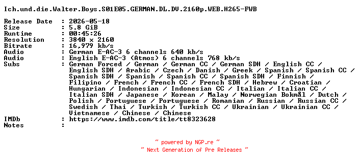 NFO for the release Ich.und.die.Walter.Boys.S01E05.GERMAN.DL.DV.2160p.WEB.H265-FWB by FWB