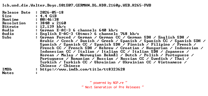 NFO for the release Ich.und.die.Walter.Boys.S01E07.GERMAN.DL.HDR.2160p.WEB.H265-FWB by FWB