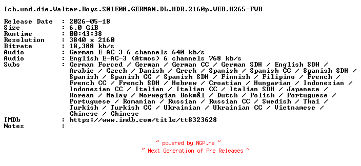 NFO for the release Ich.und.die.Walter.Boys.S01E08.GERMAN.DL.HDR.2160p.WEB.H265-FWB by FWB