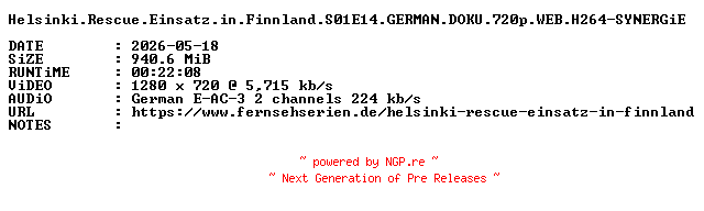 NFO for the release Helsinki.Rescue.Einsatz.in.Finnland.S01E14.GERMAN.DOKU.720p.WEB.H264-SYNERGiE by SYNERGiE