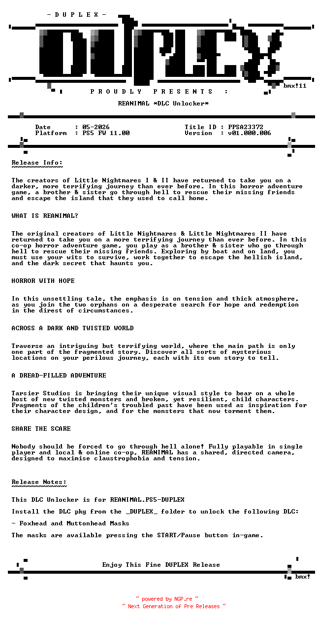 NFO for the release REANIMAL.DLC.Unlocker.PS5-DUPLEX by DUPLEX