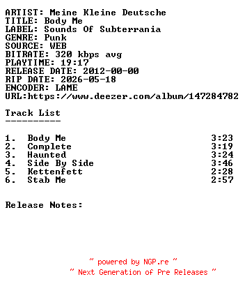 NFO for the release Meine_Kleine_Deutsche-Body_Me-WEB-2012-SDR by SDR