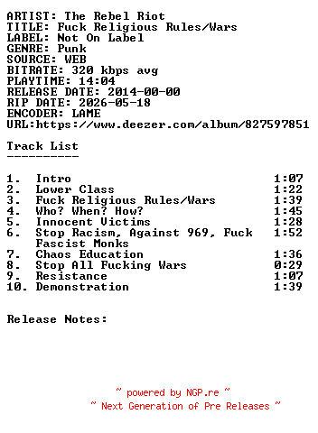 NFO for the release The_Rebel_Riot-Fuck_Religious_Rules-Wars-WEB-2014-SDR by SDR