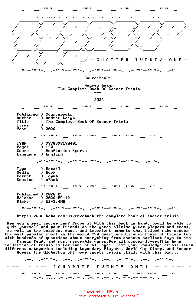 NFO for the release Andrew.Leigh.-.The.Complete.Book.Of.Soccer.Trivia.2026.RETAIL.EPUB.eBook-CTO by CTO