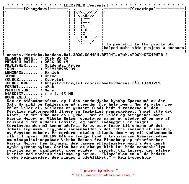 NFO for the release Anette.Hinrichs.Doedens.Bal.2026.DANiSH.RETAiL.ePub.eBOOK-DECiPHER by DECiPHER