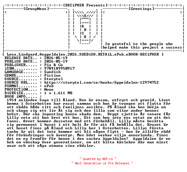 NFO for the release Lena.Lindgard.Aeppeldalen.2026.SWEDiSH.RETAiL.ePub.eBOOK-DECiPHER by DECiPHER