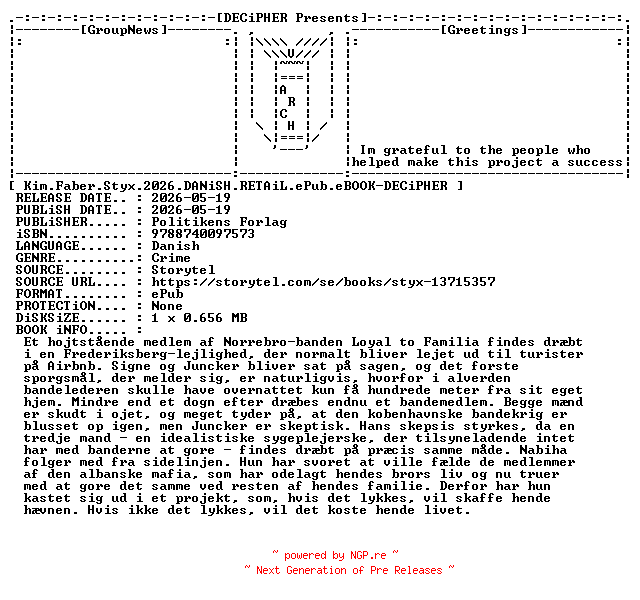 NFO for the release Kim.Faber.Styx.2026.DANiSH.RETAiL.ePub.eBOOK-DECiPHER by DECiPHER