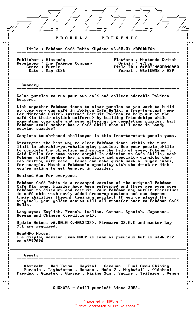NFO for the release Pokemon_Cafe_Mix_Update_v6.80.0_READNFO_INTERNAL_NSW-SUXXORS by SUXXORS