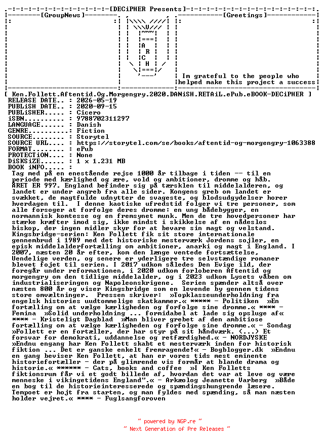 NFO for the release Ken.Follett.Aftentid.Og.Morgengry.2020.DANiSH.RETAiL.ePub.eBOOK-DECiPHER by DECiPHER