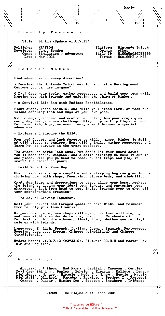 NFO for the release Dinkum_Update_v1.0.7.13_NSW-VENOM by VENOM