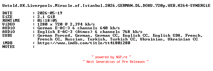 NFO for the release Untold.UK.Liverpools.Miracle.of.Istanbul.2026.GERMAN.DL.DOKU.720p.WEB.H264-SYNERGiE by SYNERGiE