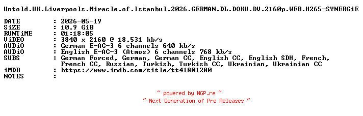 NFO for the release Untold.UK.Liverpools.Miracle.of.Istanbul.2026.GERMAN.DL.DOKU.DV.2160p.WEB.H265-SYNERGiE by SYNERGiE