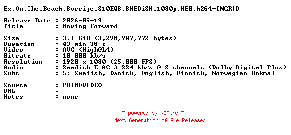 NFO for the release Ex.On.The.Beach.Sverige.S10E08.SWEDiSH.1080p.WEB.h264-INGRID by INGRID
