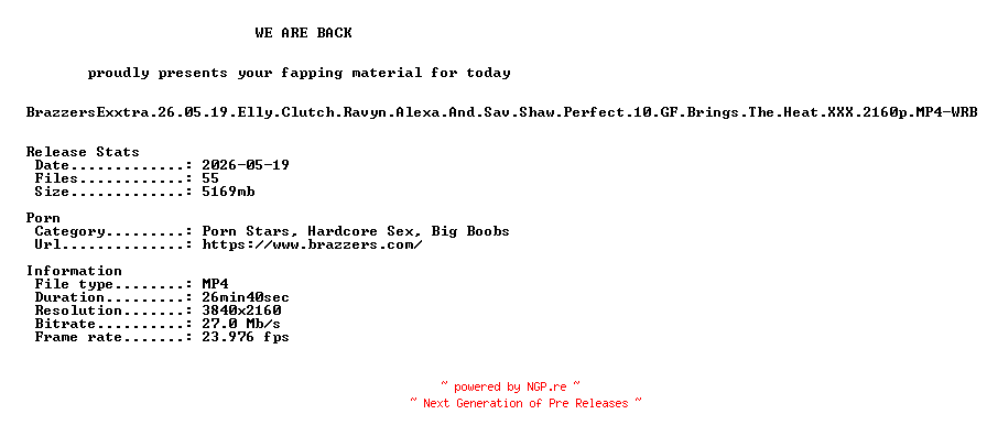 NFO for the release BrazzersExxtra.26.05.19.Elly.Clutch.Ravyn.Alexa.And.Sav.Shaw.Perfect.10.GF.Brings.The.Heat.XXX.2160p.MP4-WRB by WRB