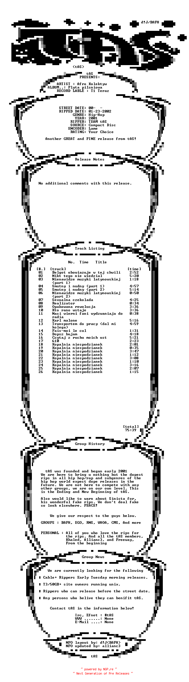 NFO for the release Afro_Kolektyw-Plyta_Pilsniowa-2001-tAS by tAS