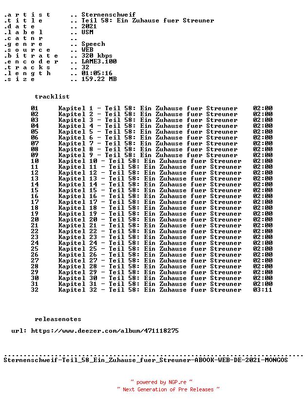 NFO for the release Sternenschweif-Teil_58_Ein_Zuhause_fuer_Streuner-ABOOK-WEB-DE-2021-MONGOS by MONGOS