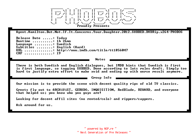 NFO for the release Agent.Hamilton.But.Not.If.It.Concerns.Your.Daughter.2012.SUBBED.DVDRip.x264-PHOBOS by PHOBOS
