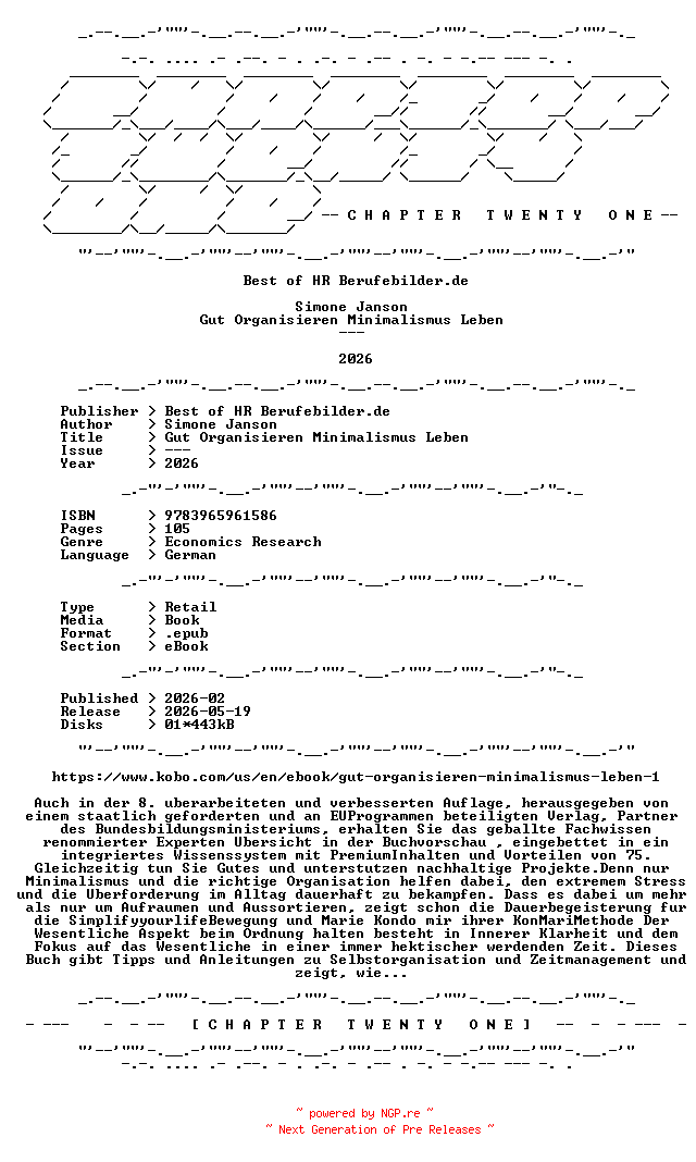 NFO for the release Simone.Janson.-.Gut.Organisieren.Minimalismus.Leben.2026.GERMAN.RETAIL.EPUB.eBook-CTO by CTO