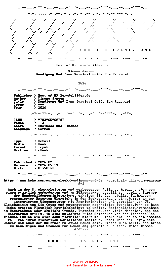 NFO for the release Simone.Janson.-.Kundigung.Und.Dann.Survival.Guide.Zum.Rauswurf.2026.GERMAN.RETAIL.EPUB.eBook-CTO by CTO