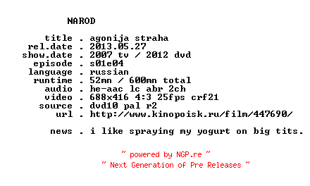 NFO for the release Agonija.Straha.S01E04.RU.DVDRip.x264-NAROD by NAROD