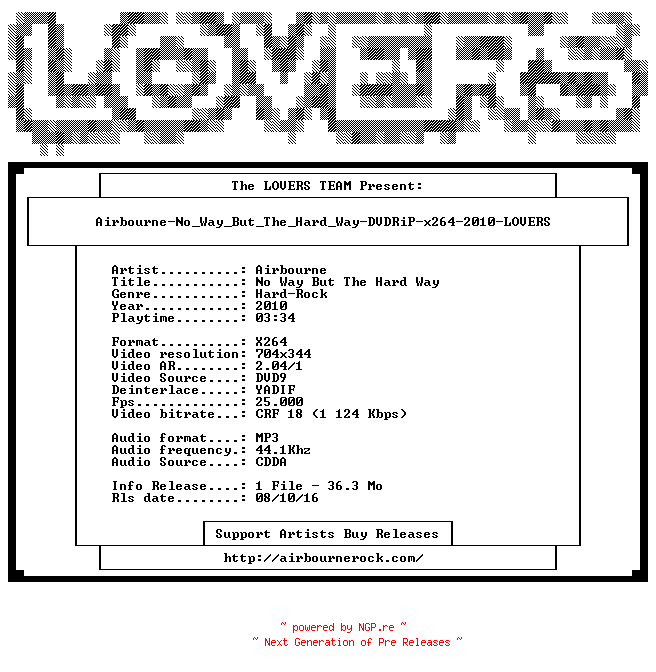 NFO for the release Airbourne-No_Way_But_The_Hard_Way-DVDRiP-x264-2010-LOVERS by LOVERS