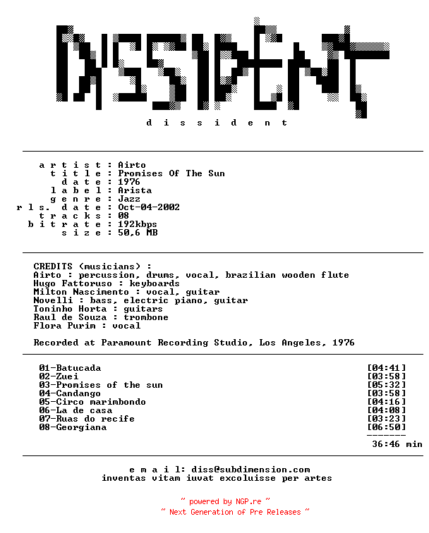 NFO for the release Airto--Promises_Of_The_Sun-(1976)-diss by diss