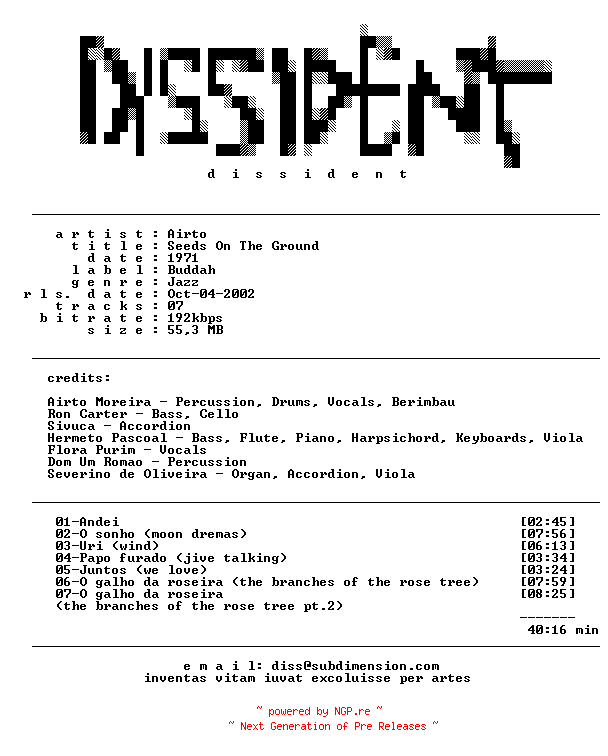 NFO for the release Airto--Seeds_On_The_Ground-(1971)-diss by diss