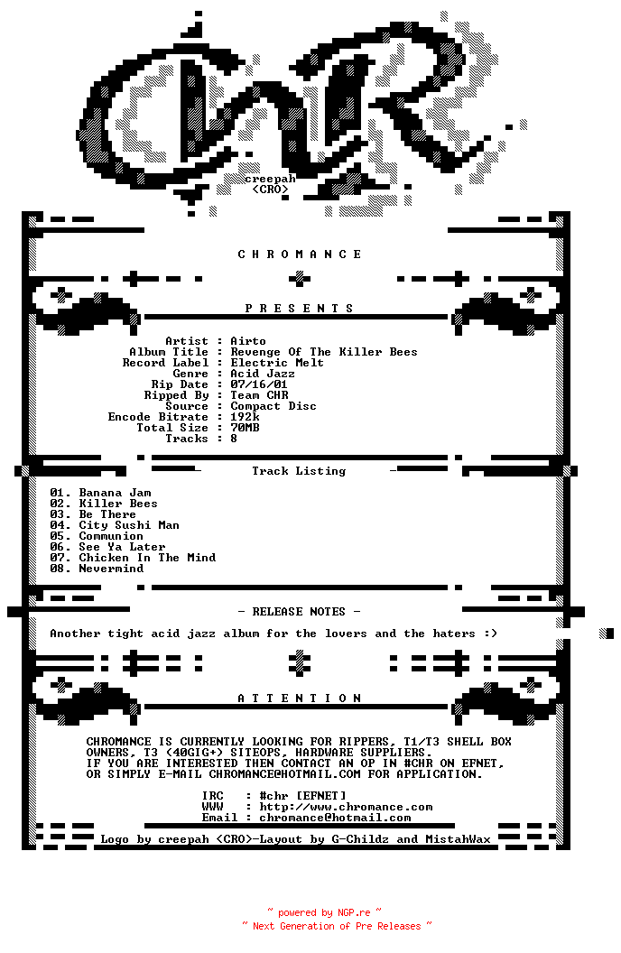 NFO for the release Airto-Revenge_Of_The_Killer_Bees-2000-CHR by CHR