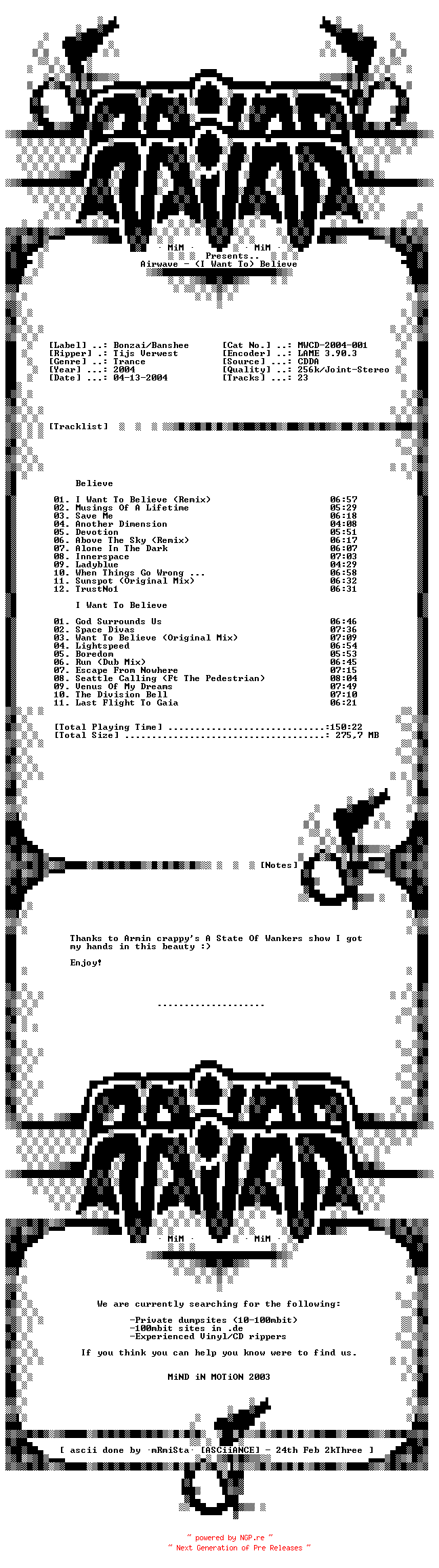 NFO for the release Airwave-I_Want_To_Believe-256-2CD-2004-MiM_INT by MiM_INT