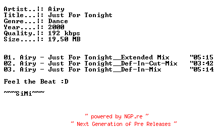 NFO for the release Airy_-_Just_For_Tonight-(Promo)-CDS-2000-SiMi by SiMi
