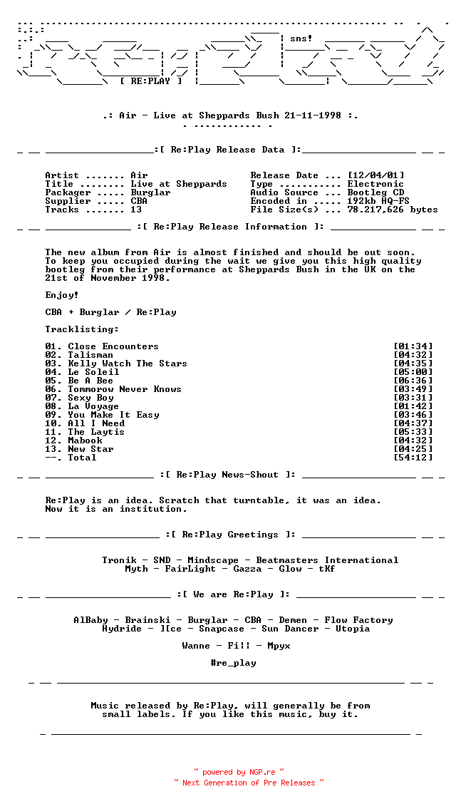 NFO for the release air_-_live_at_sheppards_bush-bootleg-cd-1998-replay by replay