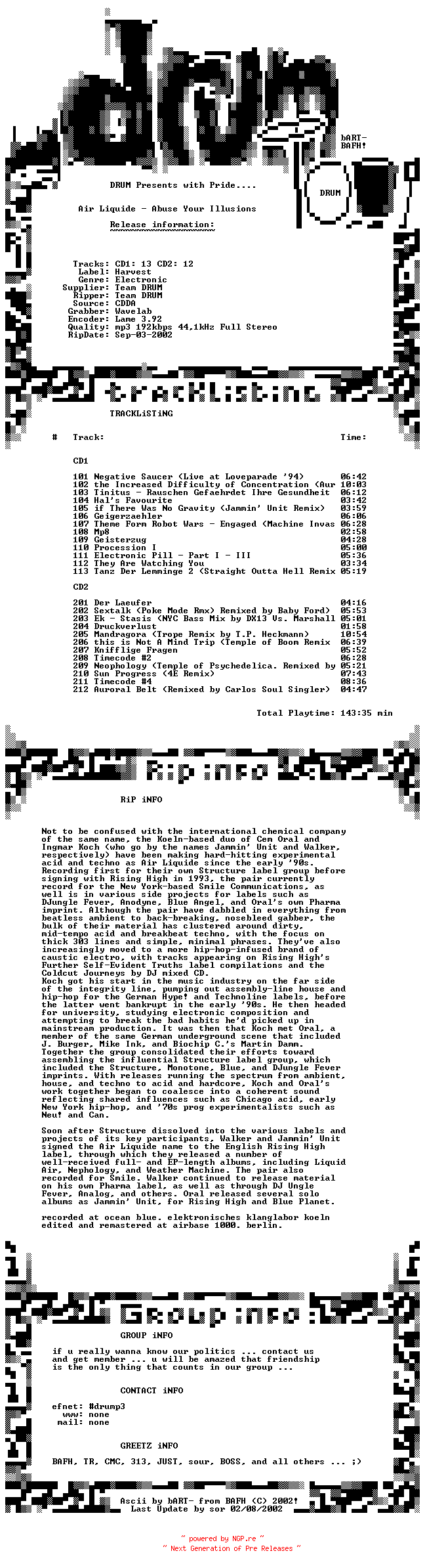 NFO for the release Air_Liquide_-_Abuse_Your_Illusions-2CD-(Harvest_7243_8_35475_2_4)-1995-DRUM by DRUM