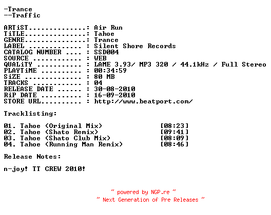 NFO for the release Air_Run_-_Tahoe-(SSD004)-WEB-2010-TT by TT