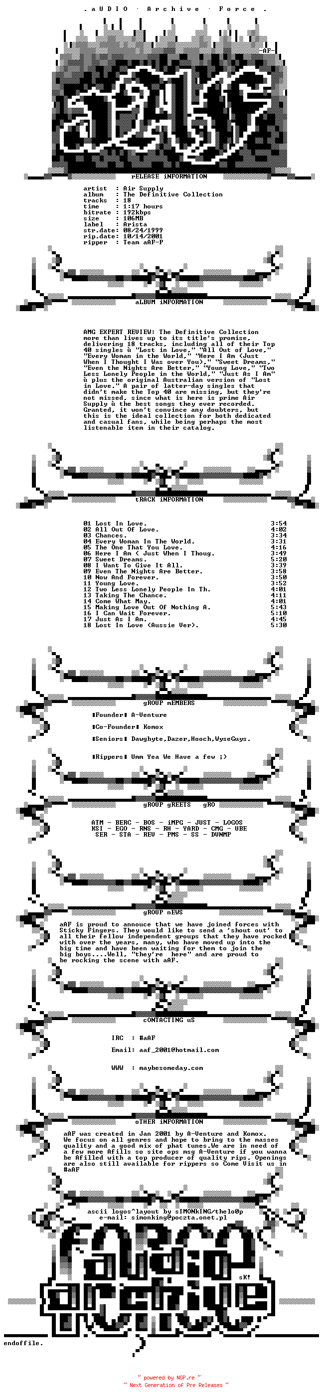 NFO for the release Air_Supply_-_The_Definitive_Collection-(1999)-aAF by aAF